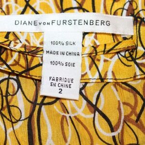 Diane von Furstenberg Silk Blouse Top, Abstract Print, Gold, Size 2